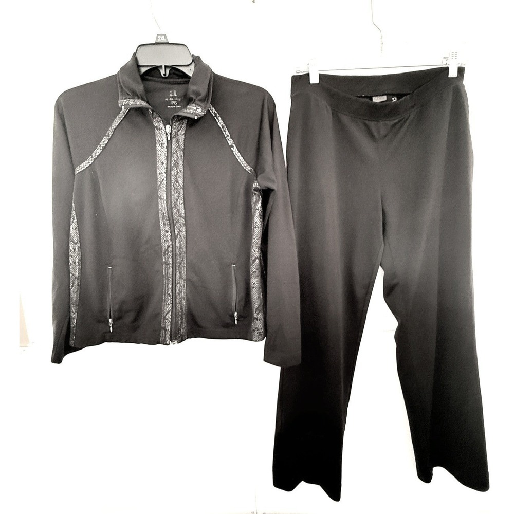 Active-ology Womens Petite Small Tracksuit Set Black Snakeskin Zip Jacket Pants